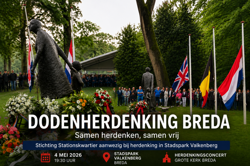 Dodenherdenking 2026 in Stadspark Valkenberg Breda met bloemenkransen en herdenkingsceremonie